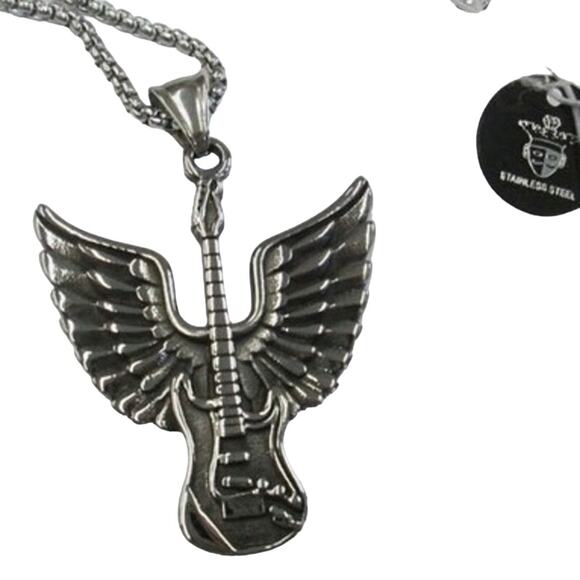 Black Jack Stainless Steel Necklace/Chain Silver Tone New Winged Guitar - Picture 1 of 6